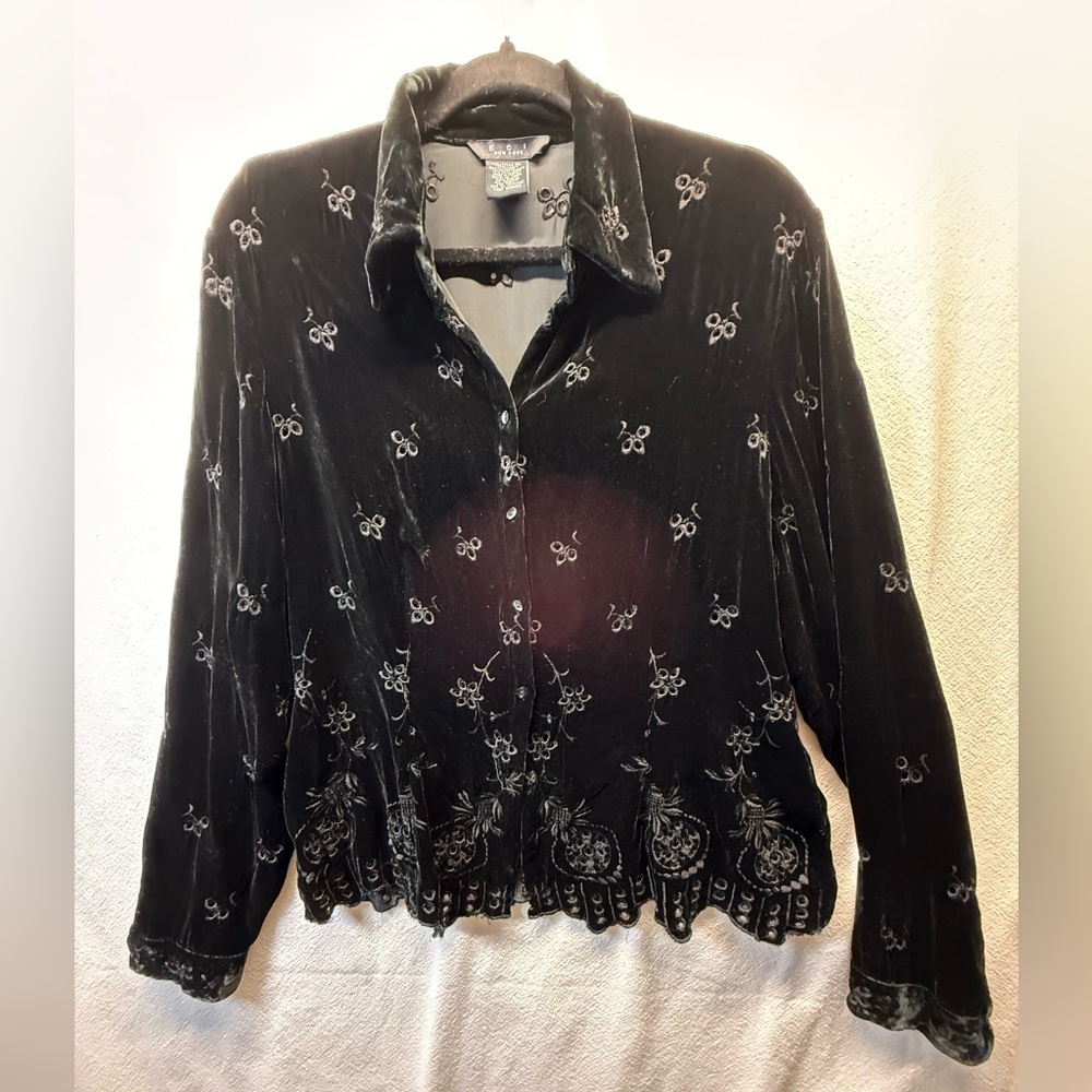 Vtg ECI Black Embroidered Velvet Shirt 90’s Y2K Whimsygoth Button Dn Dark Fairy